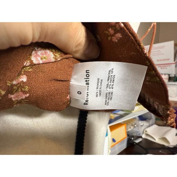 Reformation Top Crop Tank Square Neck Cami Tie Strap Brown Floral Ruched Side 0 - Picture 7 of 9